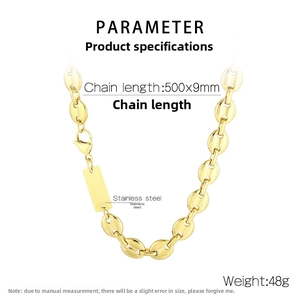 Detailed macro view of gold-tone pig nose chain with polished rectangle metal pendant