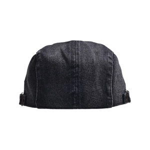 Back view of distressed dark grey denim flat cap with adjustable metal side buckles