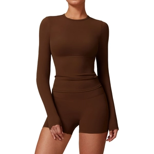 Chocolate brown brushed long sleeve yoga top and high waist shorts workout set