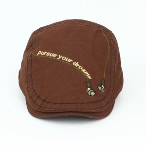 British retro dark brown cotton beret hat featuring pursue your dreams embroidery