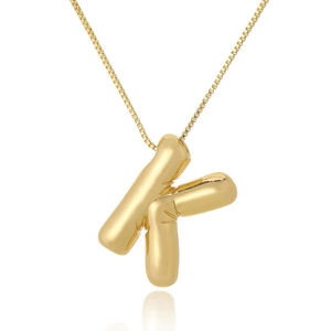 Golden 3D balloon K letter pendant on box chain with polished finish on white background