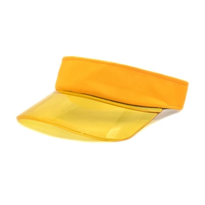 Close-up of vibrant yellow sun visor with transparent PVC brim and breathable fabric strap