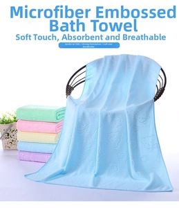Detail showing embossed bear and floral patterns on ultra-fine microfiber bath towels