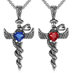 Cross sword pendant with snake wings and heart gemstone in blue and red stainless steel