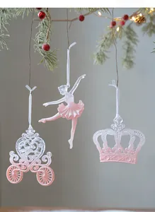 Pink gradient resin Christmas ornaments featuring ballet dancer and crown on pine branch
