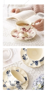 Vue détaillée du service à café rétro en céramique avec motifs roses et bordure dorée