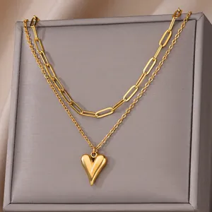 Double-layered 18k gold plated stainless steel necklace with heart pendant and paperclip chain