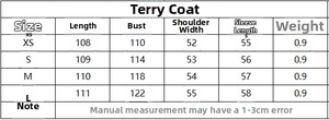 Size chart showing measurements for loose fit boucle coat from XS to L for accurate selection