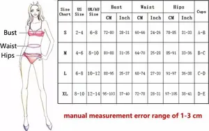 Size chart for floral high waist bikini with S to XL dimensions in CM and inches