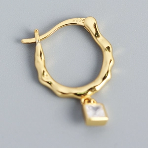 Vintage irregular S925 sterling silver hoop earrings with a square zircon pendant