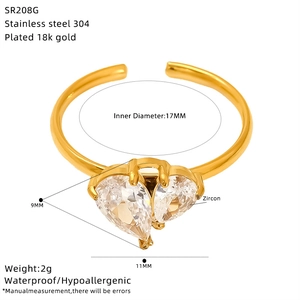 Detail view of 18K gold plated heart zircon ring with precise size measurements