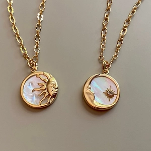 18K gold plated stainless steel sun and moon coin necklace with mother of pearl inlay