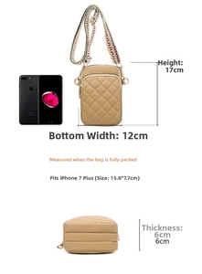 Detailed view of beige quilted nylon crossbody bag showing 17x12x6cm dimensions
