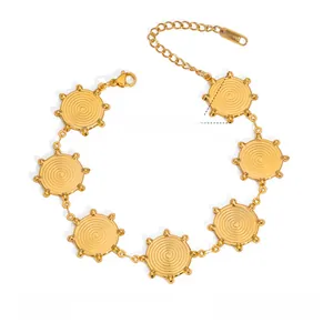 Detailed shot of golden sun-wheel charms on a stainless steel bracelet with S.Steel tag
