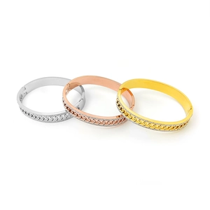 Double-row zircon stainless steel bangle bracelets in silver, gold, and rose gold finishes