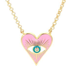 Pink enamel heart evil eye necklace with gold chain and sparkling zircon detail