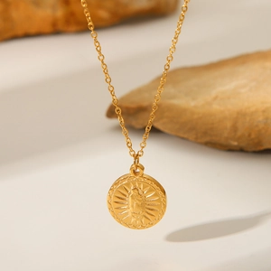 18K gold plated stainless steel necklace with round angel relief pendant in sunburst style