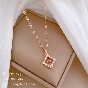 Detail of rose gold necklace with square pink stone and specs: 2.7g weight, 40+5cm chain