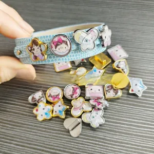 Detail of 8mm DIY wristband with light blue snakeskin texture and cartoon alloy charms