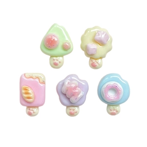 Five-piece set of mini resin ice cream charms in pastel colors with glitter and donuts