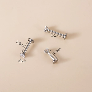 Three sizes of stainless steel labret studs with 3mm clear zircon crystal stones