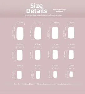 Size chart for 24pcs floral press-on nails with medium square shape dimensions