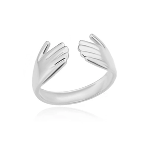 Detailed view of silver hugging hands open ring with polished metallic mirror finish