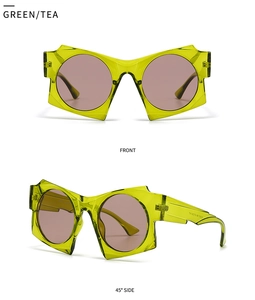 Front and 45-degree side view of geometric translucent green sunglasses with tea lenses
