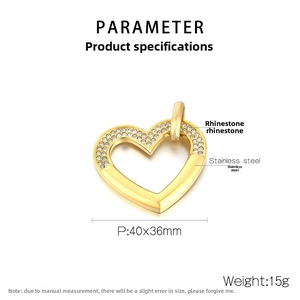 Macro detail of 18K gold-plated heart pendant with rhinestone pavé and size dimensions