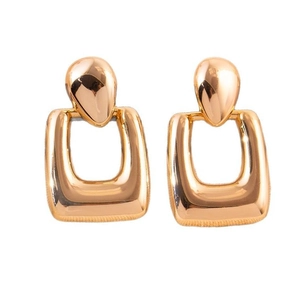 Polished gold plated geometric hollow rectangular drop earrings with teardrop studs