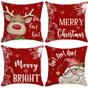 Christmas Throw Pillowcase Red Linen Reindeer Santa Print Holiday Decorative Cushion Cover For Sofa Couch Home Decor
