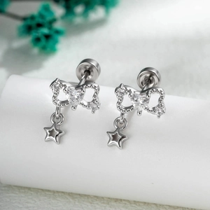 Bowknot Heart Zircon Star Pendant Ear Cartilage Piercing Stud Titanium Steel Copper Silver Color Screw Back Earring
