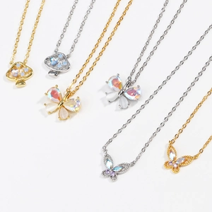 Butterfly Mushroom Pendant Necklace Gold Plated Copper Colorful Opal Rhinestone Trendy Light Luxury Aesthetic For Women