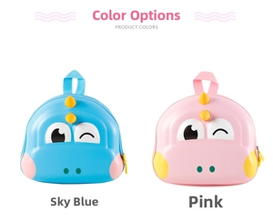 Blue and pink dinosaur eggshell backpacks for toddlers shown side by side
