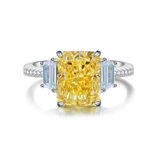 Luxury S925 sterling silver ring with large rectangular yellow zircon and side stones