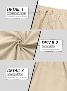 Detailed views of beige linen pants showing elastic drawstring waist and fabric texture