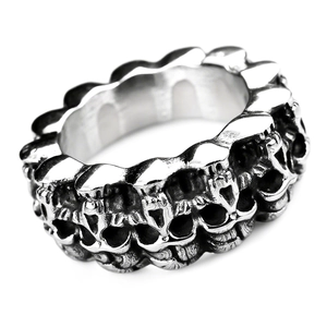 Vintage stainless steel skull ring with gothic punk engraving and silver metal finish