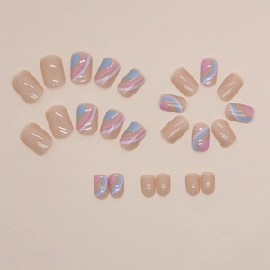 Short square press-on nails with pink blue pastel striped designs and glossy finish