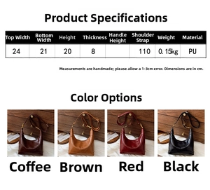 Detailed size chart for the PU handbag showing dimensions of 24x20x8cm and weight of 0.15kg