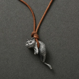 Vintage Copper Cat Pendant Necklace With Brown Leather Rope Antique Silver Feline Shape Animal Jewelry Gift For Men Women