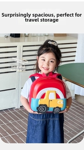 Toddler backpack featuring 3D cartoon car design and vibrant red and blue contrast colors