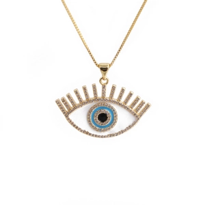 Collier cœur œil protecteur doré avec zircons micro-pavés et émail bleu sur chaîne
