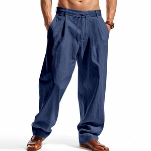 Men's loose linen straight-leg trousers with drawstring waist and breathable blue fabric