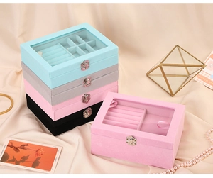 Velvet jewelry organizer detail showing transparent glass lid and secure metal lock