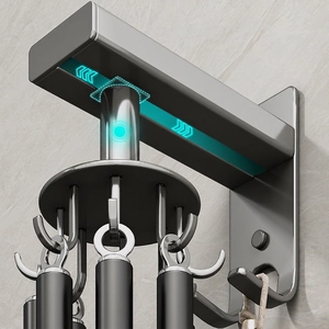 Kitchen wall rotating hook rack with sliding rail in gunmetal finish for utensils
