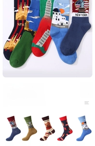 Detail of high-density cotton crew socks with jacquard world landmarks motifs