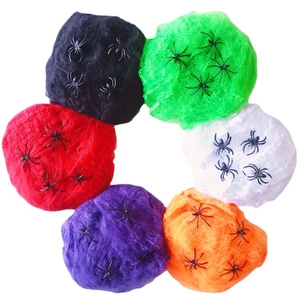 Halloween decorative cobwebs in six colors with small black spiders on white background