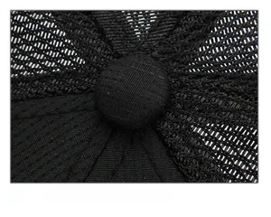 Close-up of a black baseball cap top showing professional stitching and mesh fabric