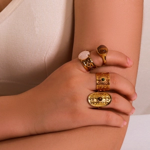 Vintage Open Rings Stainless Steel 18K Gold Plated Natural Tiger Eye Stone Pink Quartz Adjustable INS Style Women Men Jewelry