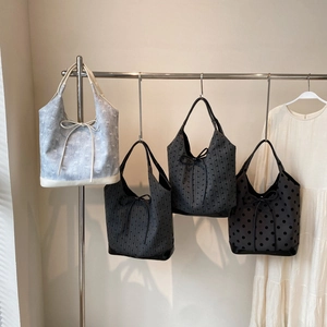 Women Large Capacity Shoulder Tote Bag PU Leather Fabric Polka Dot Heart Bow Print Korean Style Casual Commuting